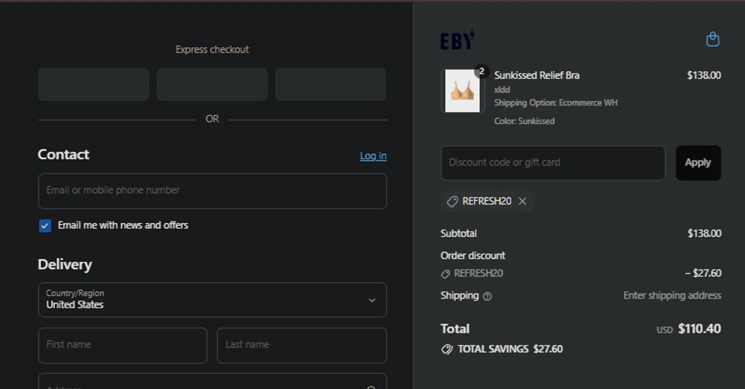 EBY discount code screenshot showing code REFRESH20 applied at EBY checkout page. Uploaded by SimplyCodes community member idkxxx on Jul 7, 2025