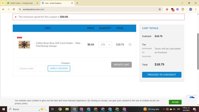 eCard Systems checkout page showing eCard Systems coupon code box | Screenshot taken by SimplyCodes community member on Sep 8, 2025