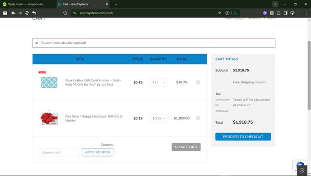 eCard Systems checkout page showing eCard Systems coupon code box | Screenshot taken by SimplyCodes community member on Aug 25, 2025