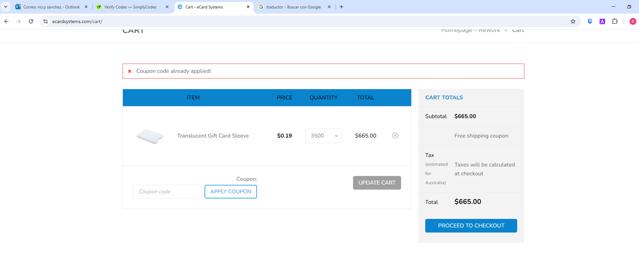 eCard Systems checkout page showing eCard Systems coupon code box | Screenshot taken by SimplyCodes community member on Aug 20, 2025