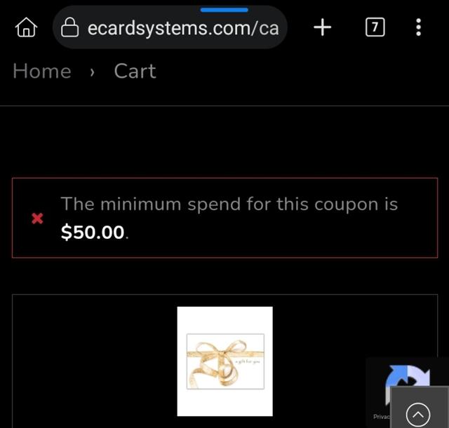 eCard Systems checkout page showing eCard Systems coupon code box | Screenshot taken by SimplyCodes community member on Jul 21, 2025