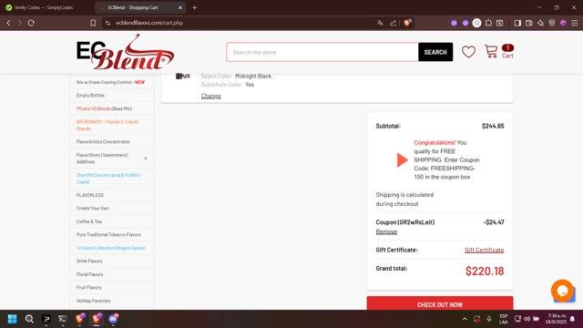 ECBlend Flavors checkout page showing ECBlend Flavors promo code box | Screenshot taken by SimplyCodes community member on Aug 18, 2025