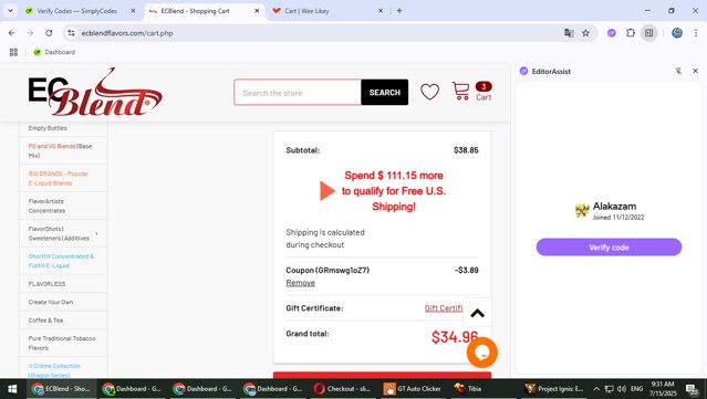 ECBlend Flavors checkout page showing ECBlend Flavors promo code box | Screenshot taken by SimplyCodes community member on Jul 15, 2025
