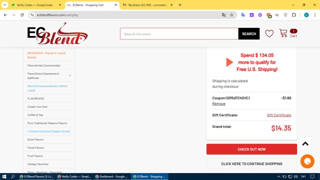 ECBlend Flavors checkout page showing ECBlend Flavors promo code box | Screenshot taken by SimplyCodes community member on Aug 18, 2025
