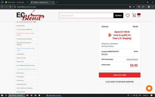 ECBlend Flavors checkout page showing ECBlend Flavors promo code box | Screenshot taken by SimplyCodes community member on Aug 26, 2025