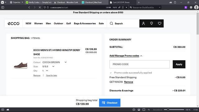 ECCO checkout page showing ECCO promo code box | Screenshot taken by SimplyCodes community member on Jun 16, 2024