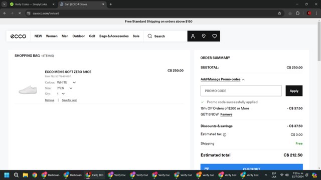 ECCO checkout page showing ECCO promo code box | Screenshot taken by SimplyCodes community member on Jul 15, 2024