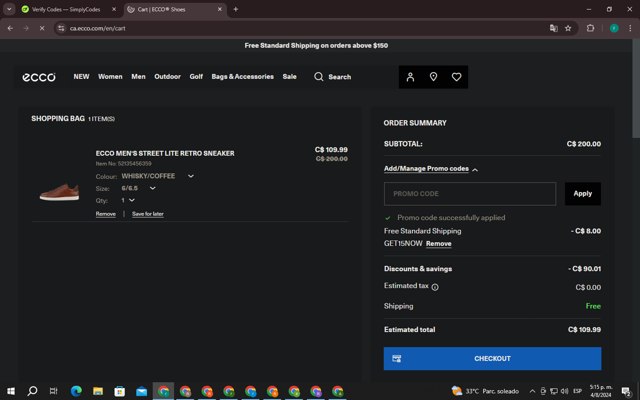 ECCO checkout page showing ECCO promo code box | Screenshot taken by SimplyCodes community member on Aug 4, 2024