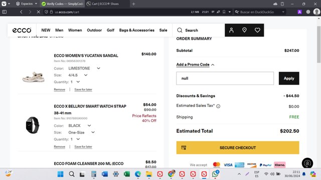 ECCO checkout page showing ECCO promo code box | Screenshot taken by SimplyCodes community member on Jul 1, 2024