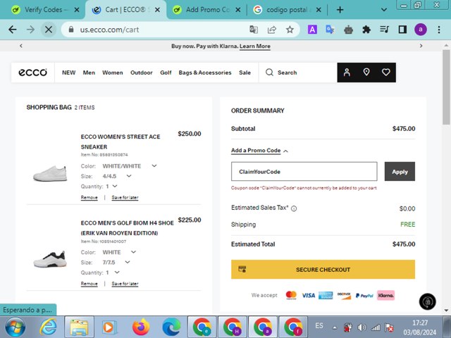 ECCO checkout page showing ECCO promo code box | Screenshot taken by SimplyCodes community member on Aug 3, 2024