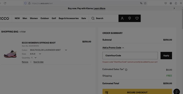 ECCO checkout page showing ECCO promo code box | Screenshot taken by SimplyCodes community member on Aug 4, 2024