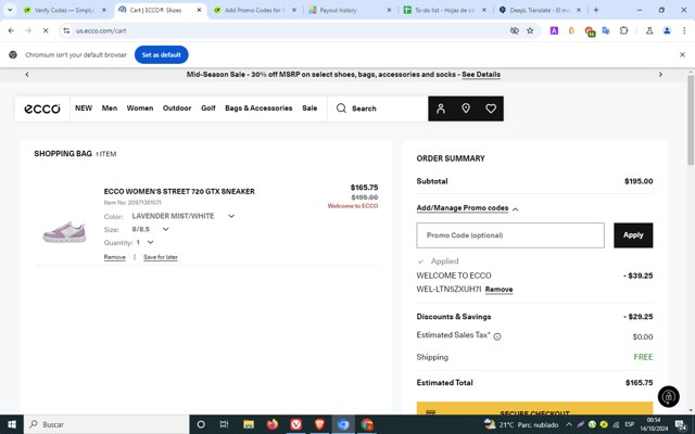 ECCO checkout page showing ECCO promo code box | Screenshot taken by SimplyCodes community member on Oct 14, 2024