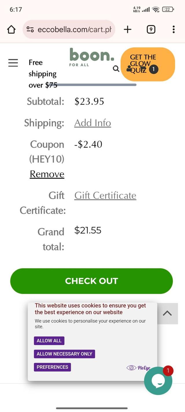 Ecco Bella checkout page showing Ecco Bella coupon code box | Screenshot taken by SimplyCodes community member on Sep 13, 2025