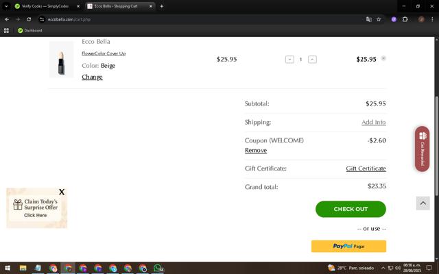 Ecco Bella checkout page showing Ecco Bella coupon code box | Screenshot taken by SimplyCodes community member on Aug 28, 2025