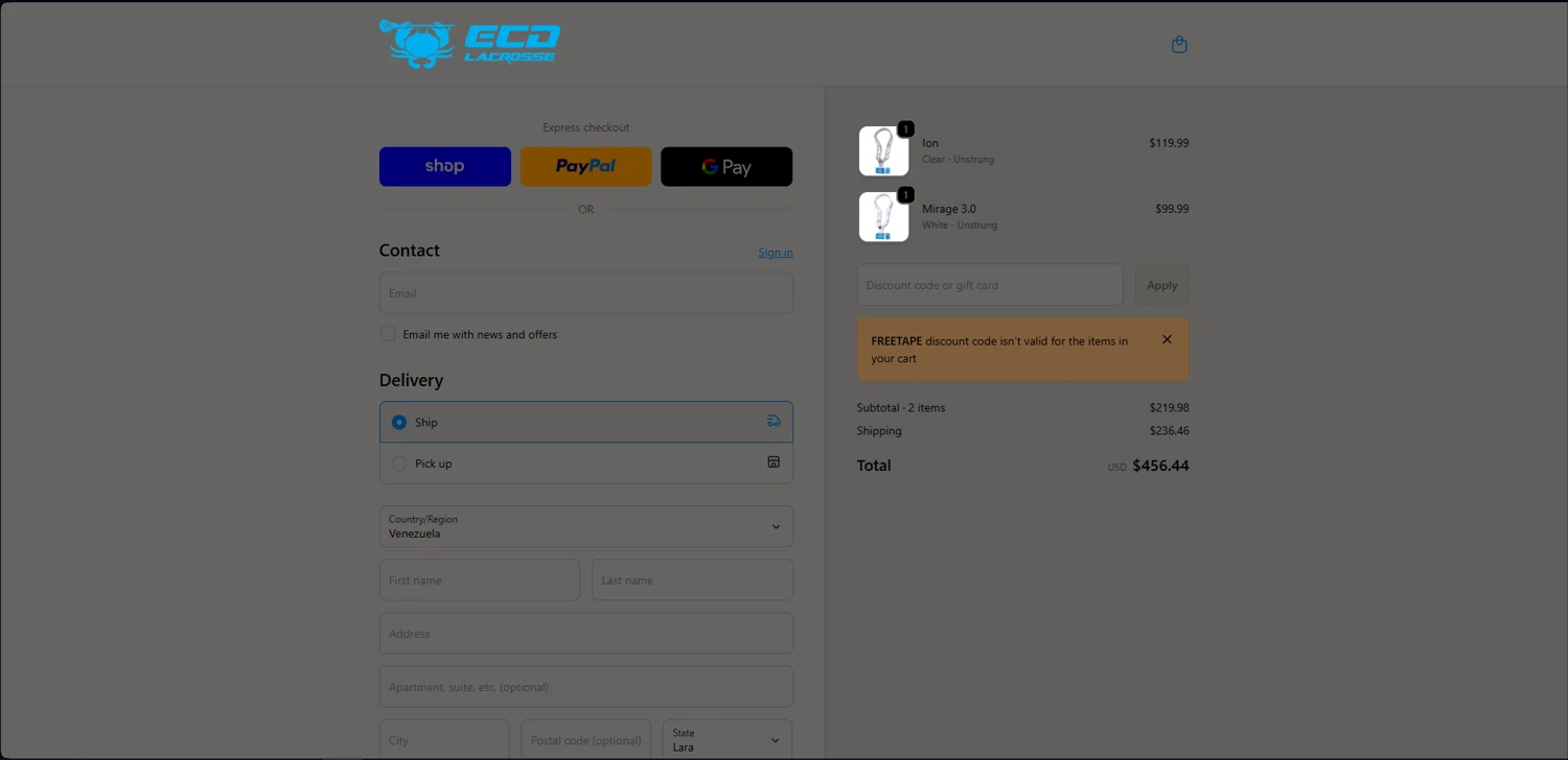 ECD Lacrosse checkout page showing ECD Lacrosse discount code box | Screenshot taken by SimplyCodes community member on Feb 15, 2026