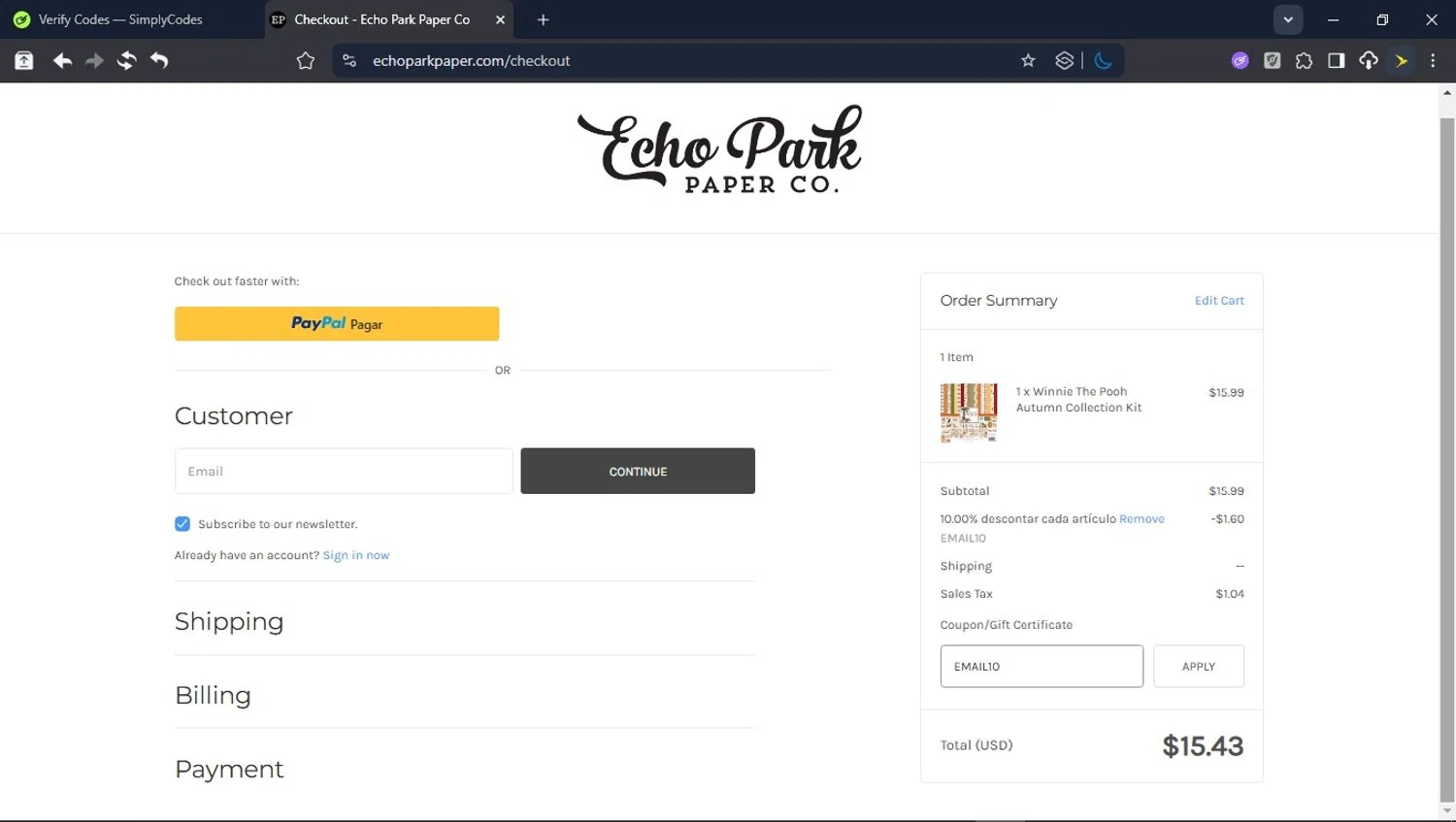 Echo Park Paper coupon code screenshot showing code EMAIL10 applied at Echo Park Paper checkout page. Uploaded by SimplyCodes community member USERR1 on Sep 3, 2025