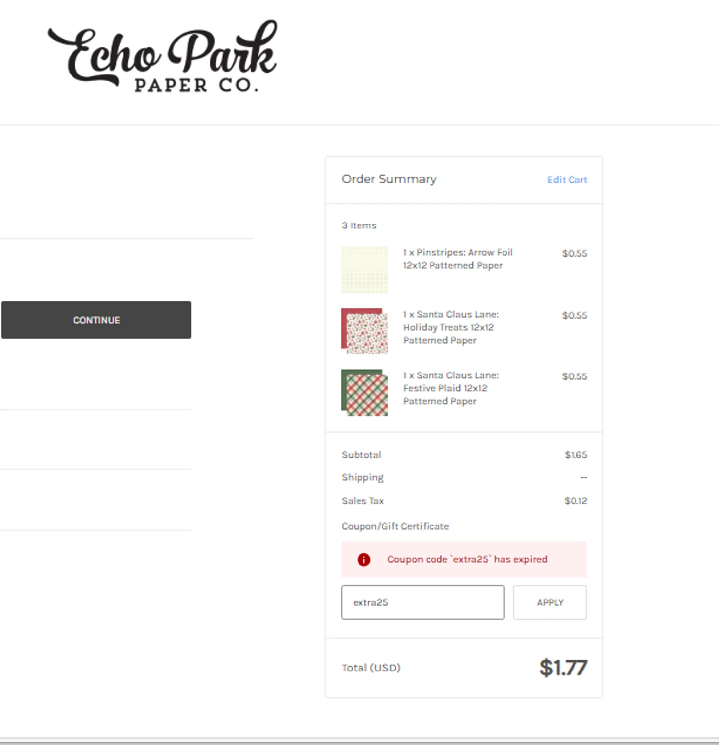 Echo Park Paper coupon code screenshot showing code extra25 applied at Echo Park Paper checkout page. Uploaded by SimplyCodes community member Stun333 on Nov 28, 2025