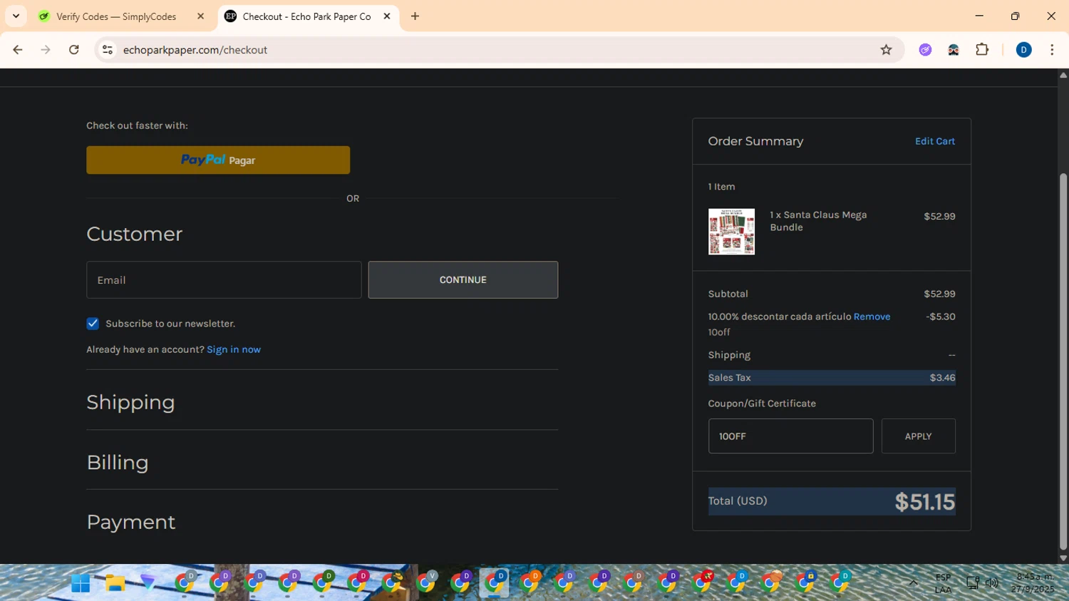 Echo Park Paper coupon code screenshot showing code 10OFF applied at Echo Park Paper checkout page. Uploaded by SimplyCodes community member DealVoyager8768 on Sep 27, 2025