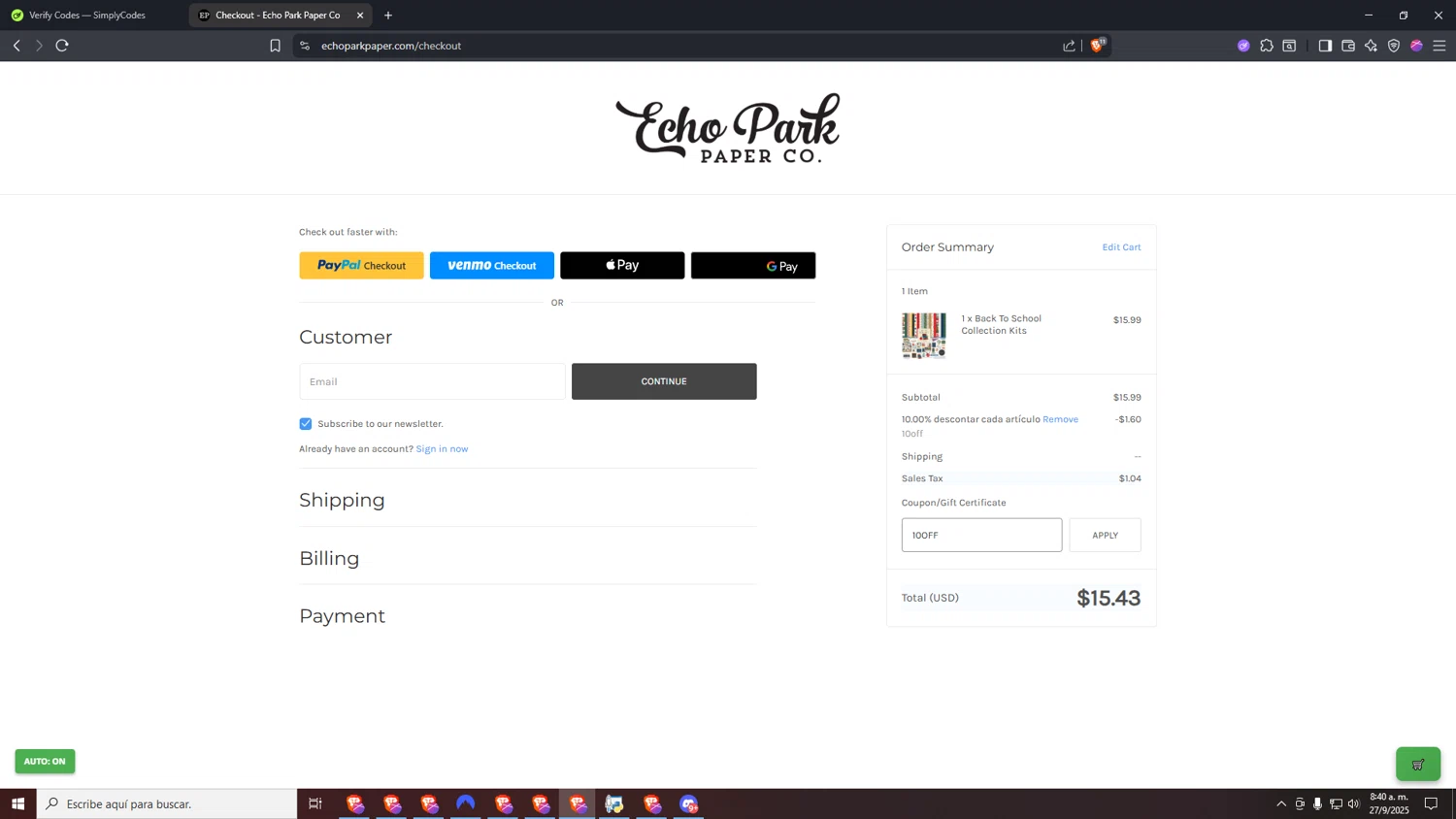 Echo Park Paper coupon code screenshot showing code 10OFF applied at Echo Park Paper checkout page. Uploaded by SimplyCodes community member VictoriousDefender7352 on Sep 27, 2025