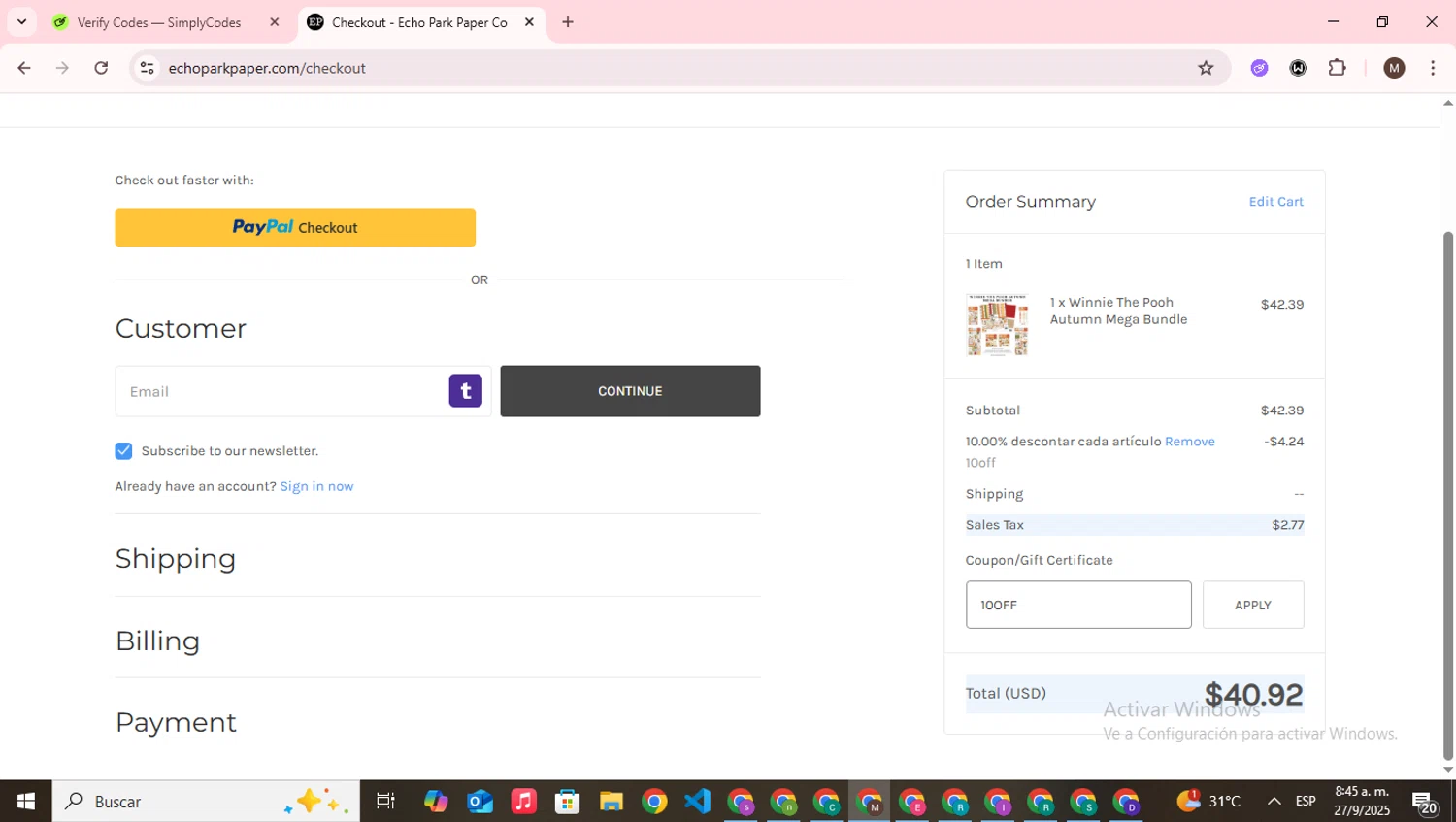 Echo Park Paper coupon code screenshot showing code 10OFF applied at Echo Park Paper checkout page. Uploaded by SimplyCodes community member WonderWizard9060 on Sep 27, 2025