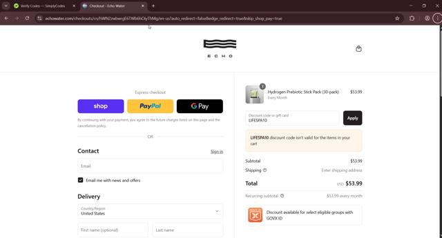 Echo Hydrogen Water checkout page showing Echo Hydrogen Water discount code box | Screenshot taken by SimplyCodes community member on Sep 15, 2025