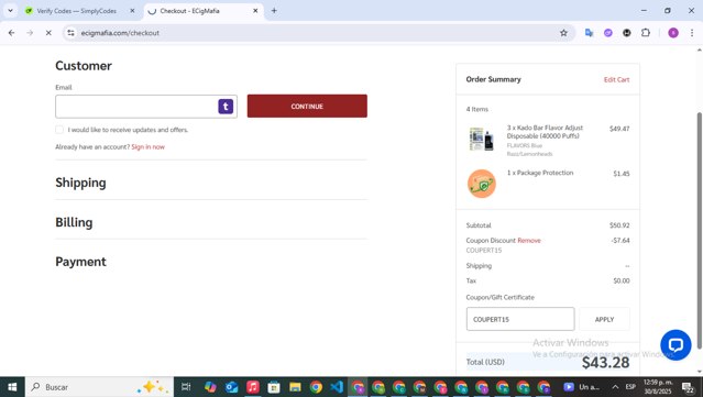 EcigMafia checkout page showing EcigMafia coupon code box | Screenshot taken by SimplyCodes community member on Aug 30, 2025