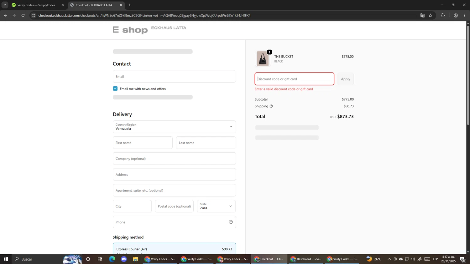 Eckhaus Latta promo code screenshot showing code LATTALUV applied at Eckhaus Latta checkout page. Uploaded by SimplyCodes community member Pirlo420 on Nov 28, 2025