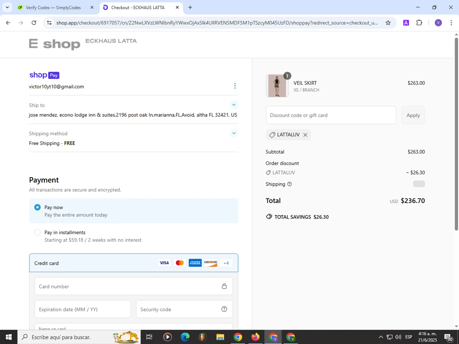 Eckhaus Latta promo code screenshot showing code LATTALUV applied at Eckhaus Latta checkout page. Uploaded by SimplyCodes community member Satoru_gojo on Jun 21, 2025