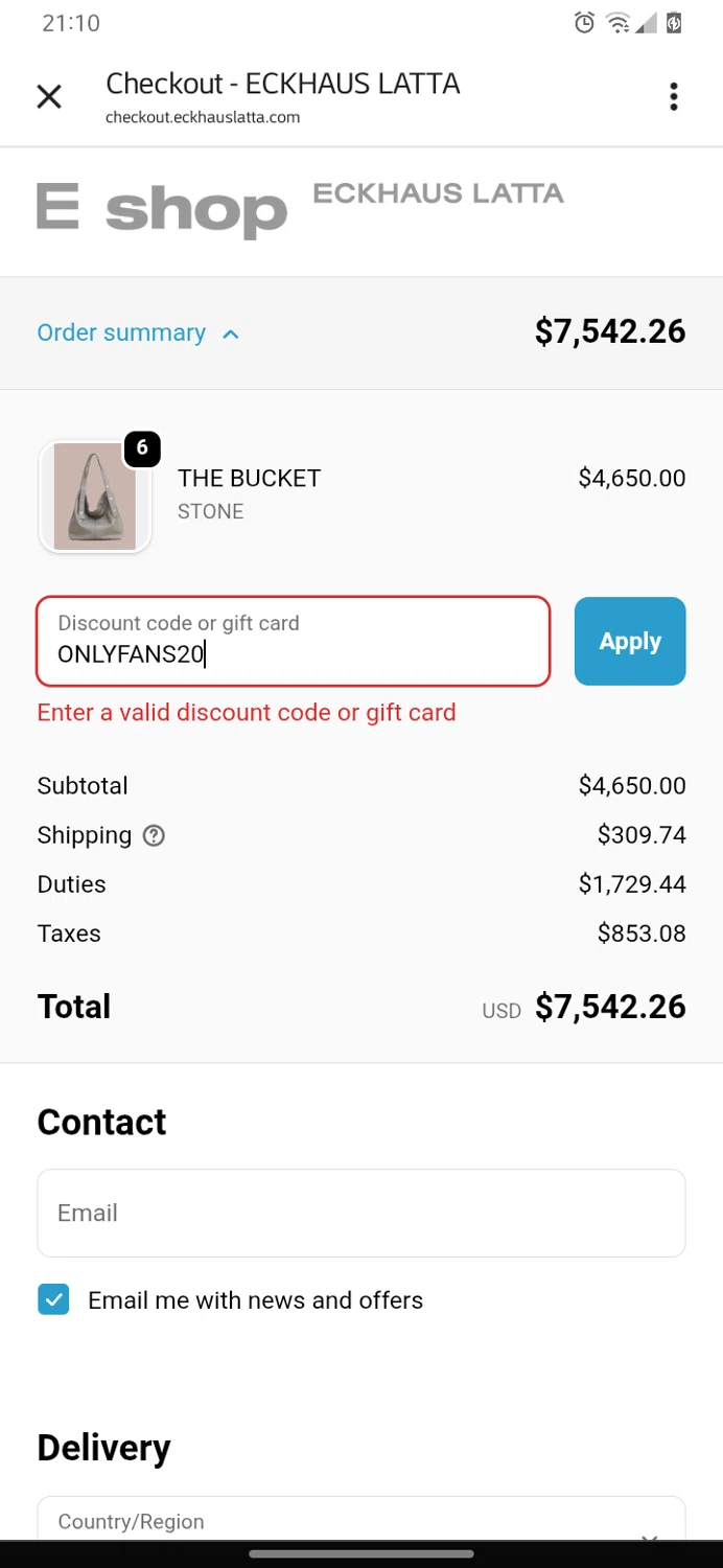 Eckhaus Latta promo code screenshot showing code ONLYFANS20 applied at Eckhaus Latta checkout page. Uploaded by SimplyCodes community member TokenBoss3478 on Oct 31, 2025
