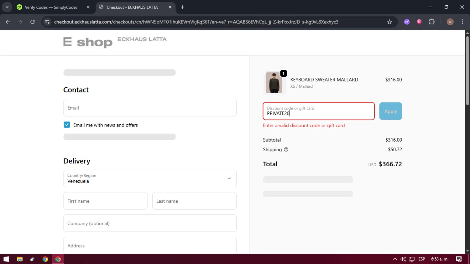 Eckhaus Latta promo code screenshot showing code PRIVATE20 applied at Eckhaus Latta checkout page. Uploaded by SimplyCodes community member 61664350 on Nov 28, 2025