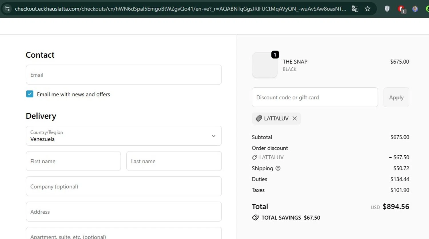 Eckhaus Latta promo code screenshot showing code LATTALUV applied at Eckhaus Latta checkout page. Uploaded by SimplyCodes community member ovomaltina on Dec 20, 2025