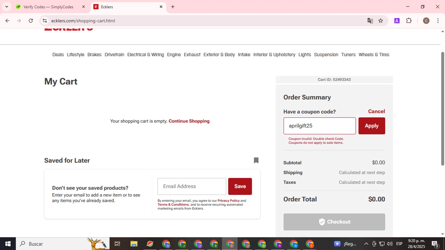 Eckler's Corvette checkout page showing Eckler's Corvette promo code box | Screenshot taken by SimplyCodes community member on Apr 29, 2025