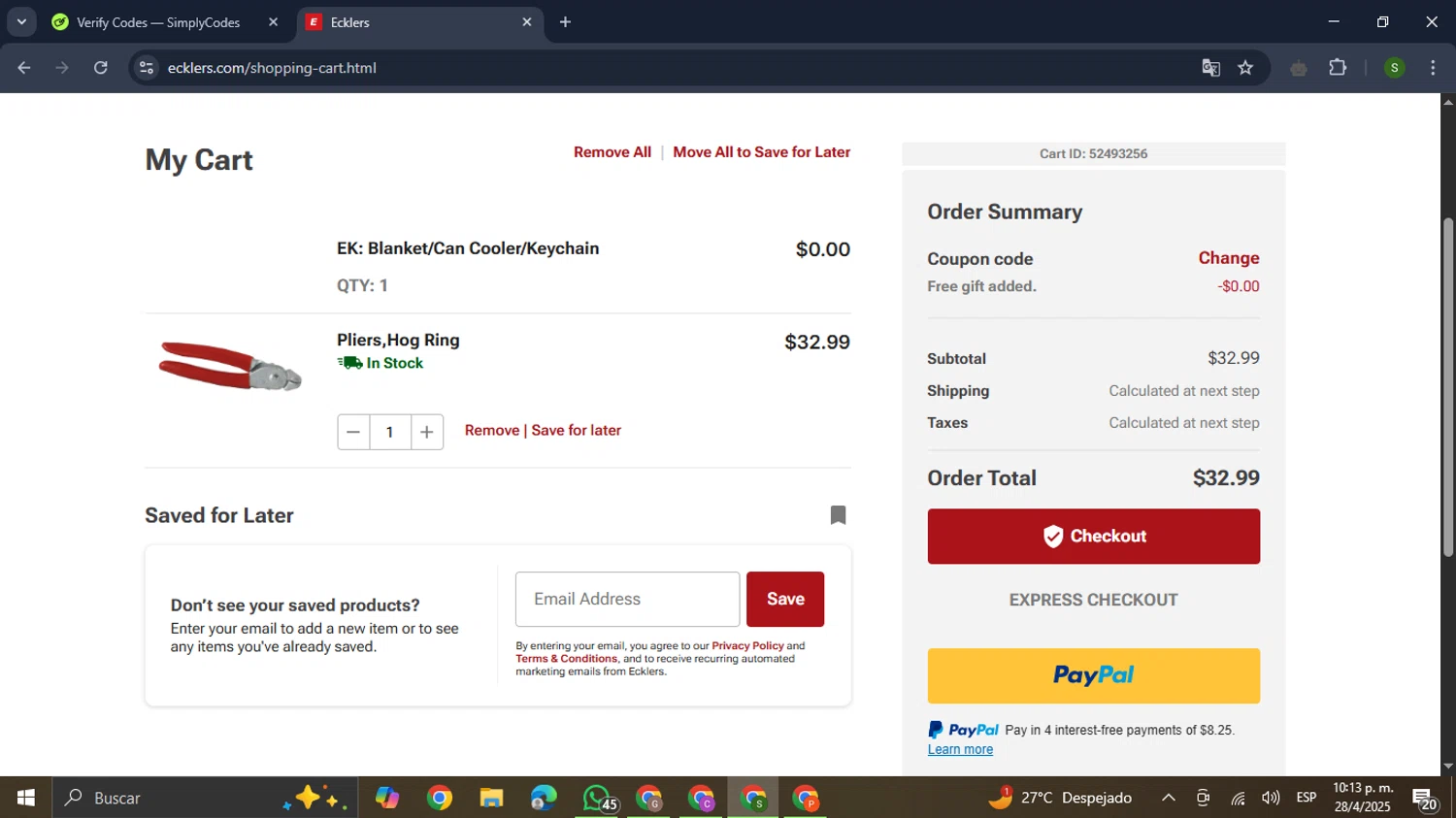 Eckler's Corvette checkout page showing Eckler's Corvette promo code box | Screenshot taken by SimplyCodes community member on Apr 29, 2025