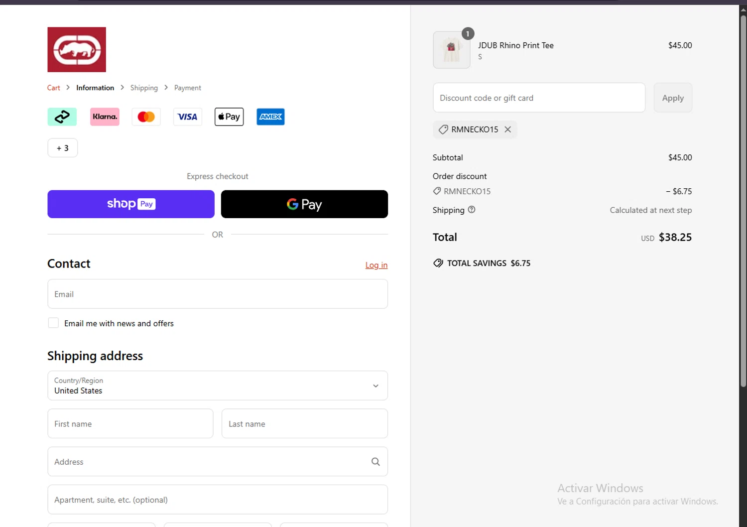 Ecko Unltd promo code screenshot showing code RMNECKO15 applied at Ecko Unltd checkout page. Uploaded by SimplyCodes community member Carlosramirez09 on Jun 18, 2025