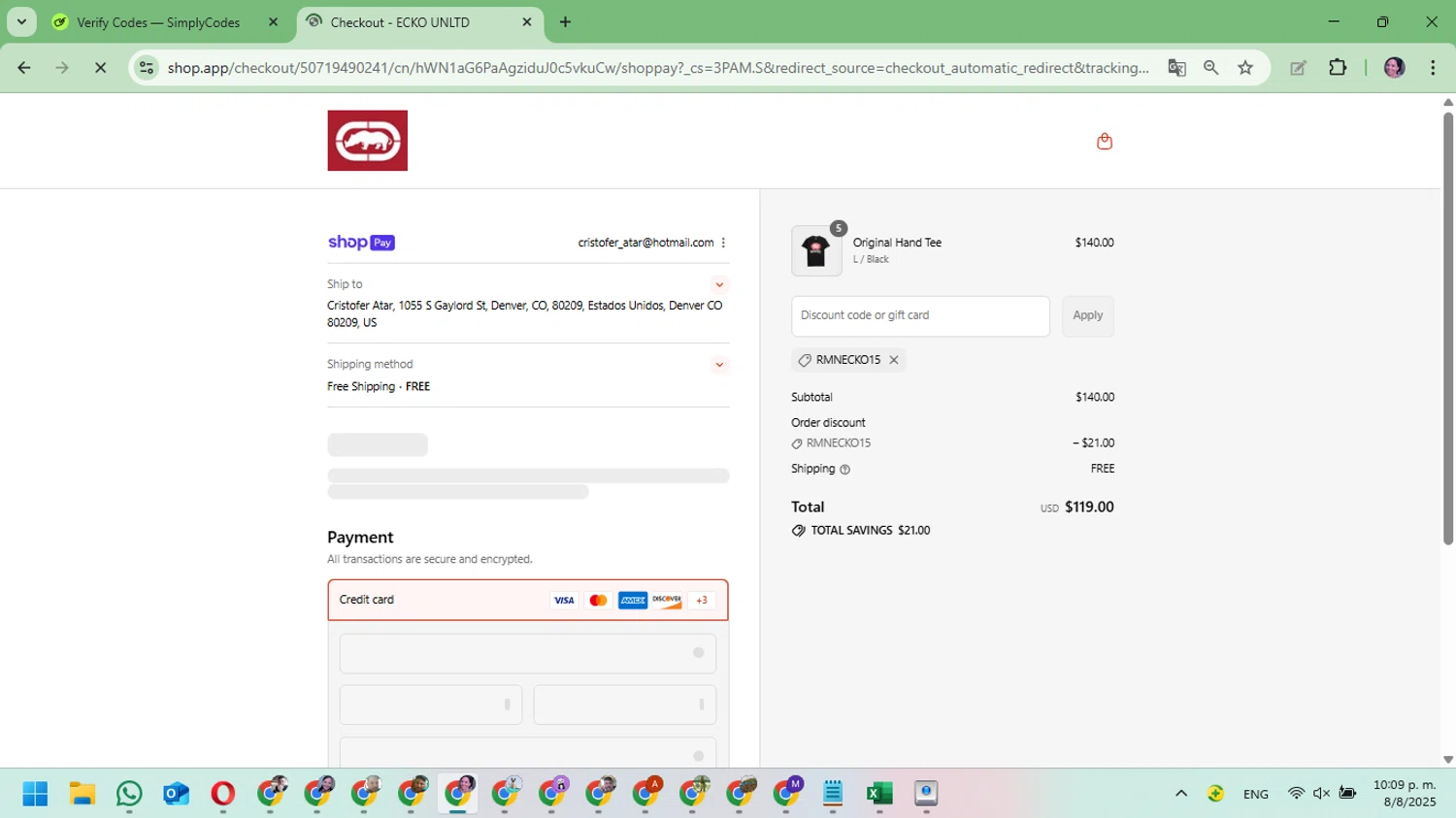 Ecko Unltd promo code screenshot showing code RMNECKO15 applied at Ecko Unltd checkout page. Uploaded by SimplyCodes community member Mari_perez on Aug 9, 2025