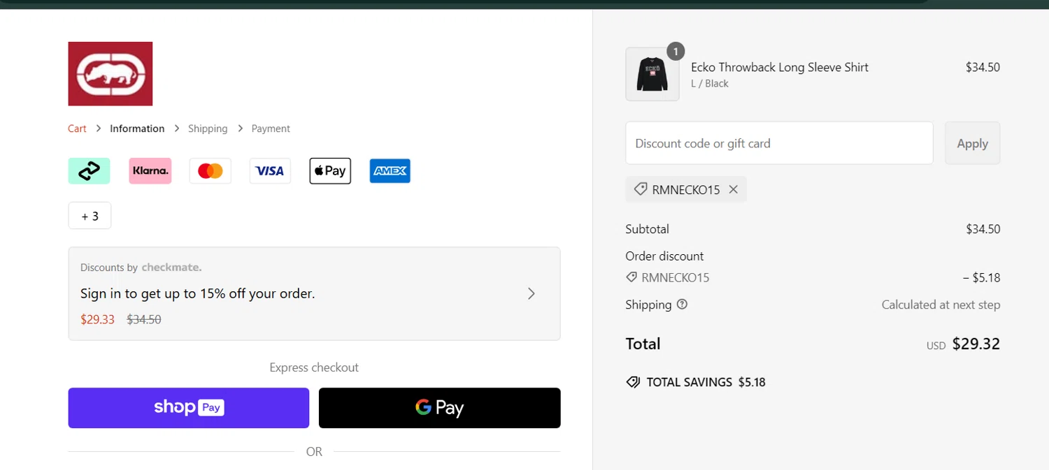 Ecko Unltd promo code screenshot showing code RMNECKO15 applied at Ecko Unltd checkout page. Uploaded by SimplyCodes community member Sanemi on Feb 16, 2025