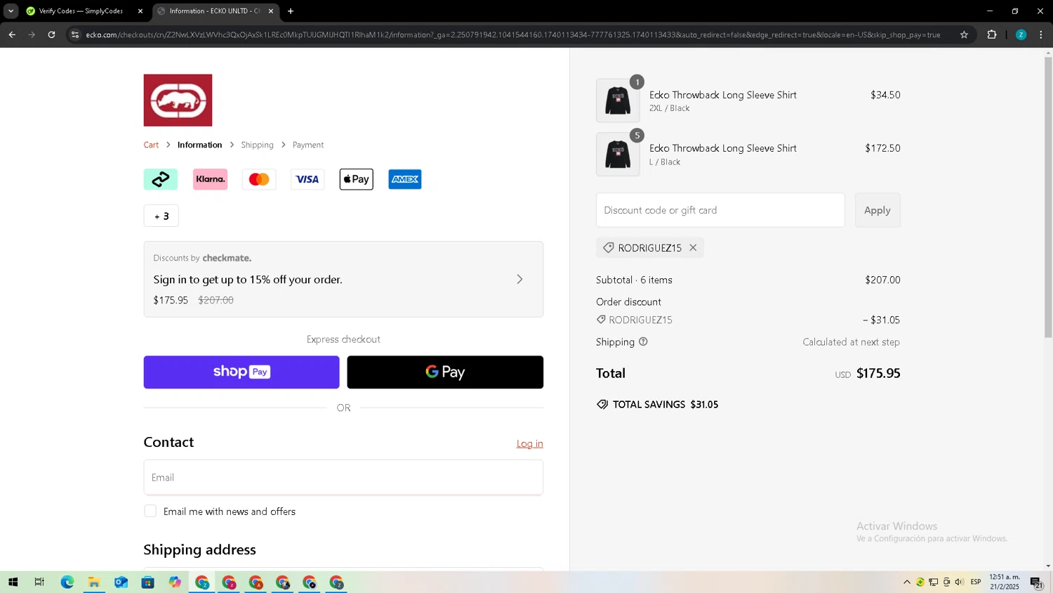 Ecko Unltd promo code screenshot showing code RODRIGUEZ15 applied at Ecko Unltd checkout page. Uploaded by SimplyCodes community member Zxdqui on Feb 21, 2025