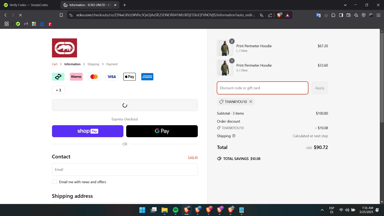 Ecko Unltd promo code screenshot showing code THANKYOU10 applied at Ecko Unltd checkout page. Uploaded by SimplyCodes community member Liiink on Mar 25, 2025