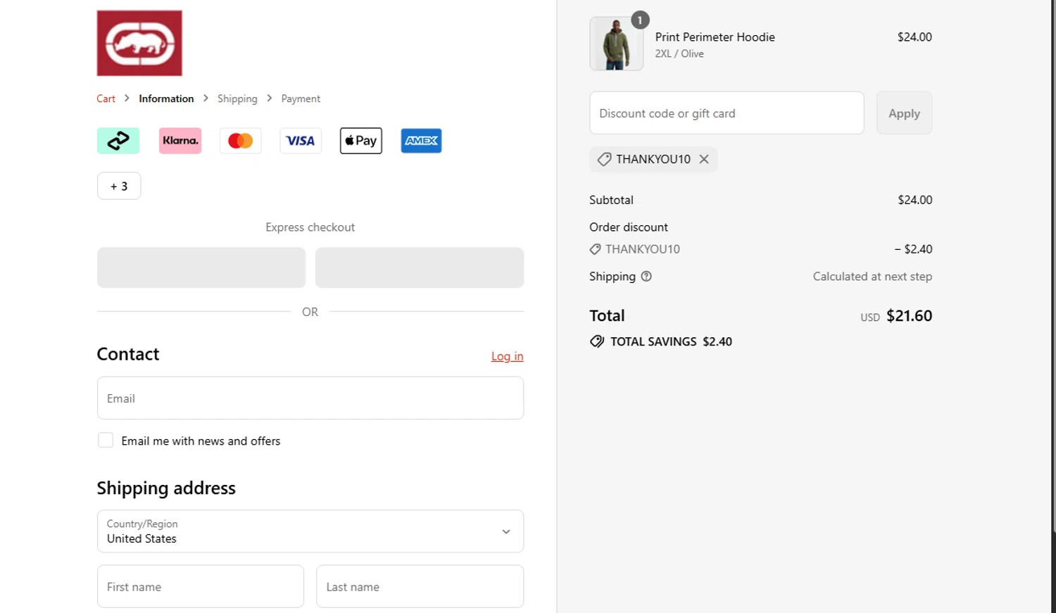 Ecko Unltd promo code screenshot showing code THANKYOU10 applied at Ecko Unltd checkout page. Uploaded by SimplyCodes community member QuestNavigator1687 on Aug 12, 2025