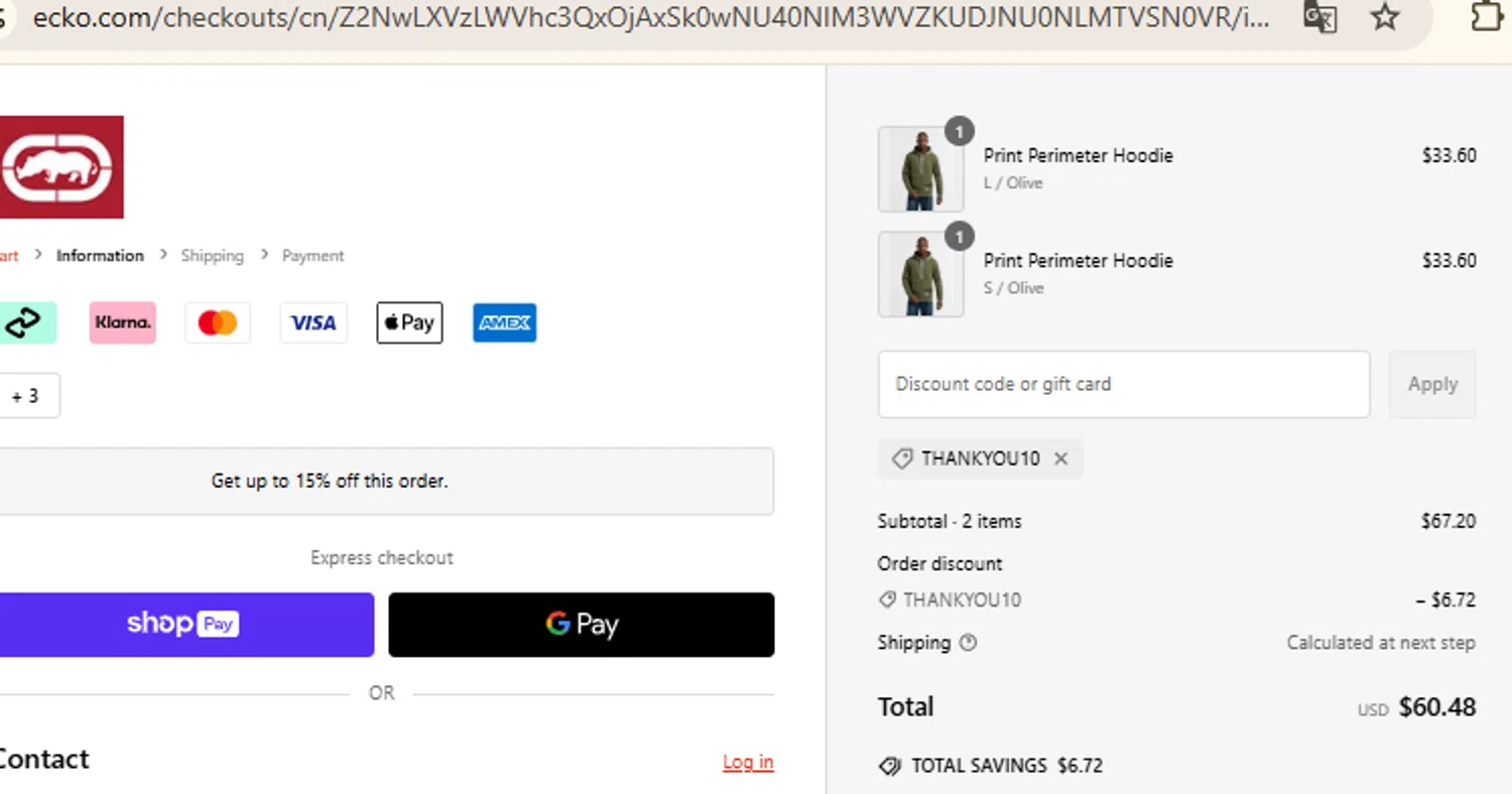 Ecko Unltd promo code screenshot showing code THANKYOU10 applied at Ecko Unltd checkout page. Uploaded by SimplyCodes community member RewardFinder4836 on Feb 13, 2025