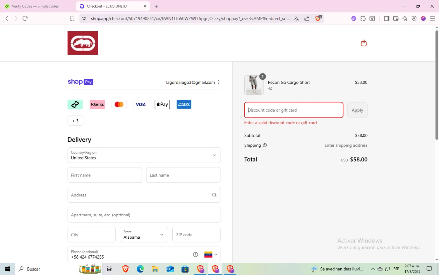 Ecko Unltd promo code screenshot showing code ECKOC10 applied at Ecko Unltd checkout page. Uploaded by SimplyCodes community member GoldMonarch7280 on Aug 17, 2025