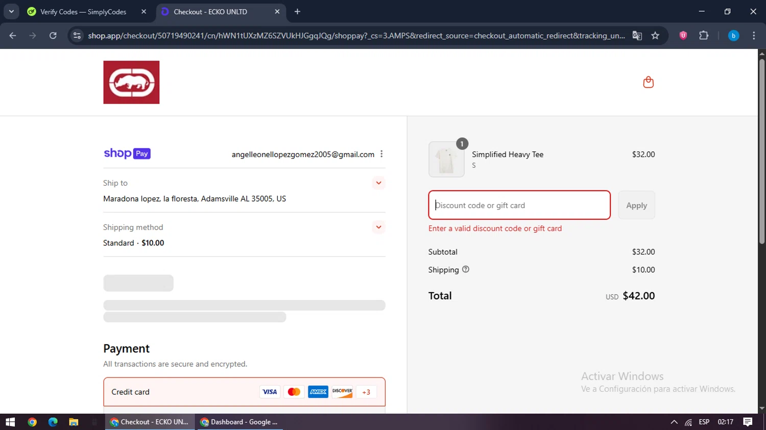 Ecko Unltd promo code screenshot showing code ECKOC10 applied at Ecko Unltd checkout page. Uploaded by SimplyCodes community member bilijr on Aug 17, 2025