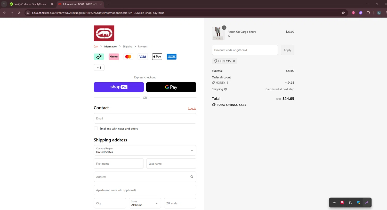 Ecko Unltd promo code screenshot showing code HONEY15 applied at Ecko Unltd checkout page. Uploaded by SimplyCodes community member GloriousPioneer2942 on Aug 25, 2025