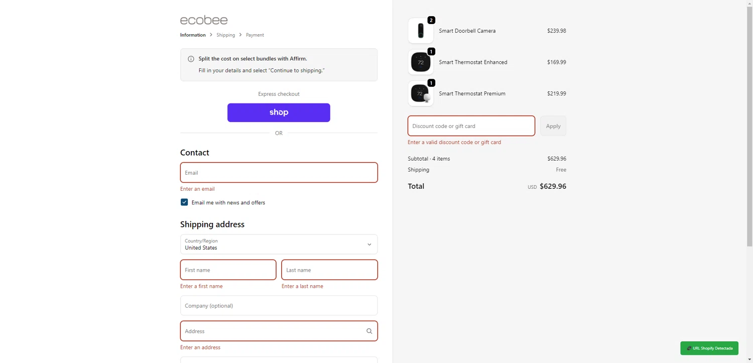Ecobee discount code screenshot showing code SMARTHOME20 applied at Ecobee checkout page. Uploaded by SimplyCodes community member ExtraordinaryShopper780 on Dec 2, 2025