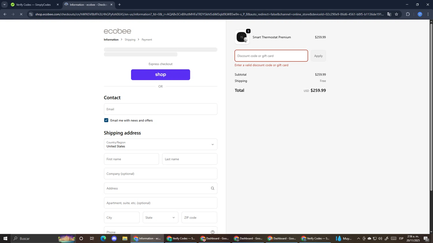 Ecobee discount code screenshot showing code SMARTHOME20 applied at Ecobee checkout page. Uploaded by SimplyCodes community member RoyalExpert3857 on Nov 20, 2025