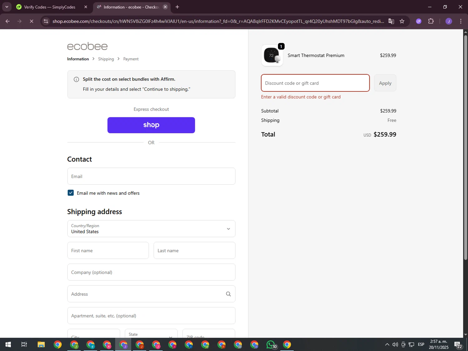 Ecobee discount code screenshot showing code SMARTHOME20 applied at Ecobee checkout page. Uploaded by SimplyCodes community member ValueHero2277 on Nov 20, 2025