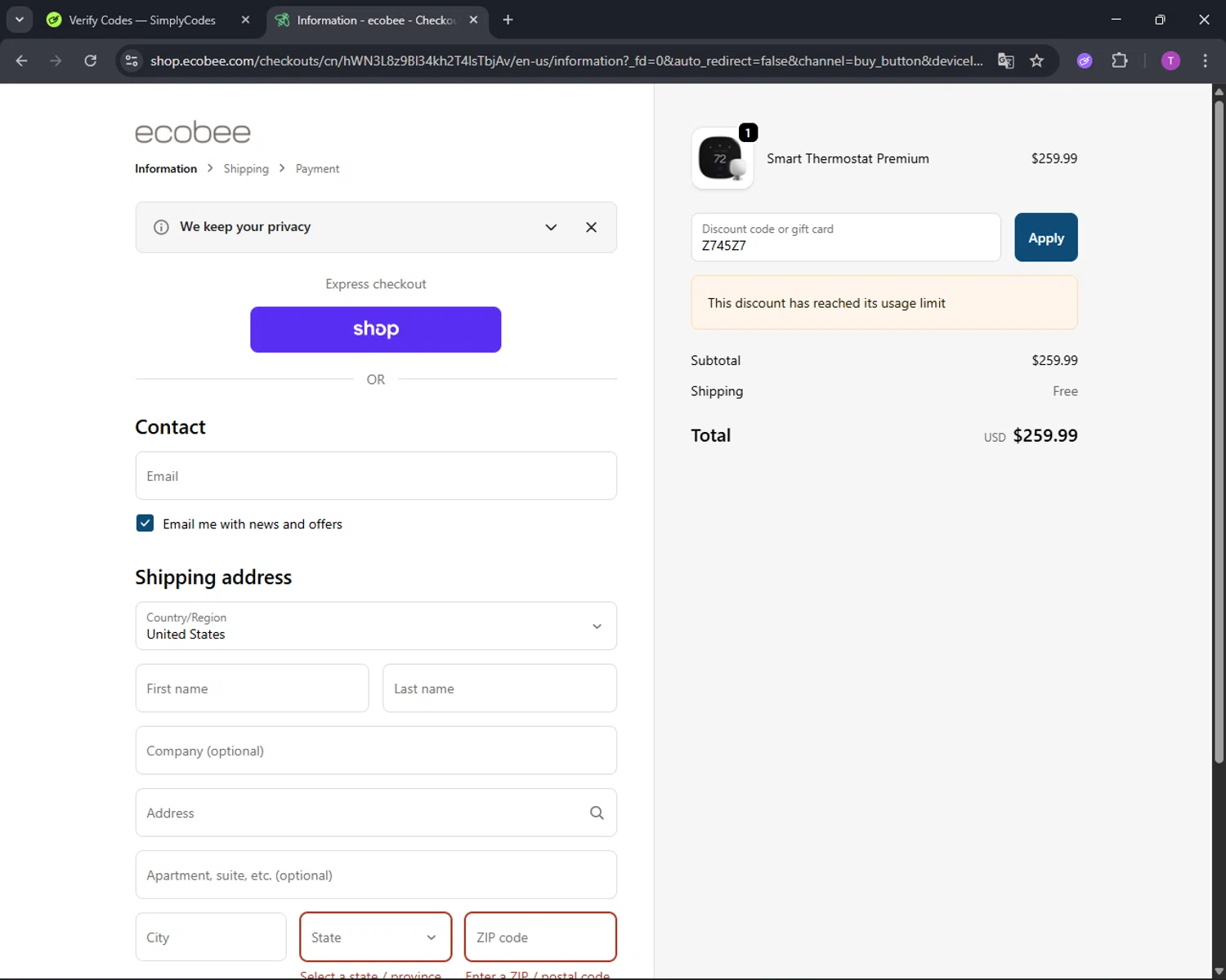 Ecobee discount code screenshot showing code Z745Z7 applied at Ecobee checkout page. Uploaded by SimplyCodes community member CleverFinder9623 on Sep 24, 2025
