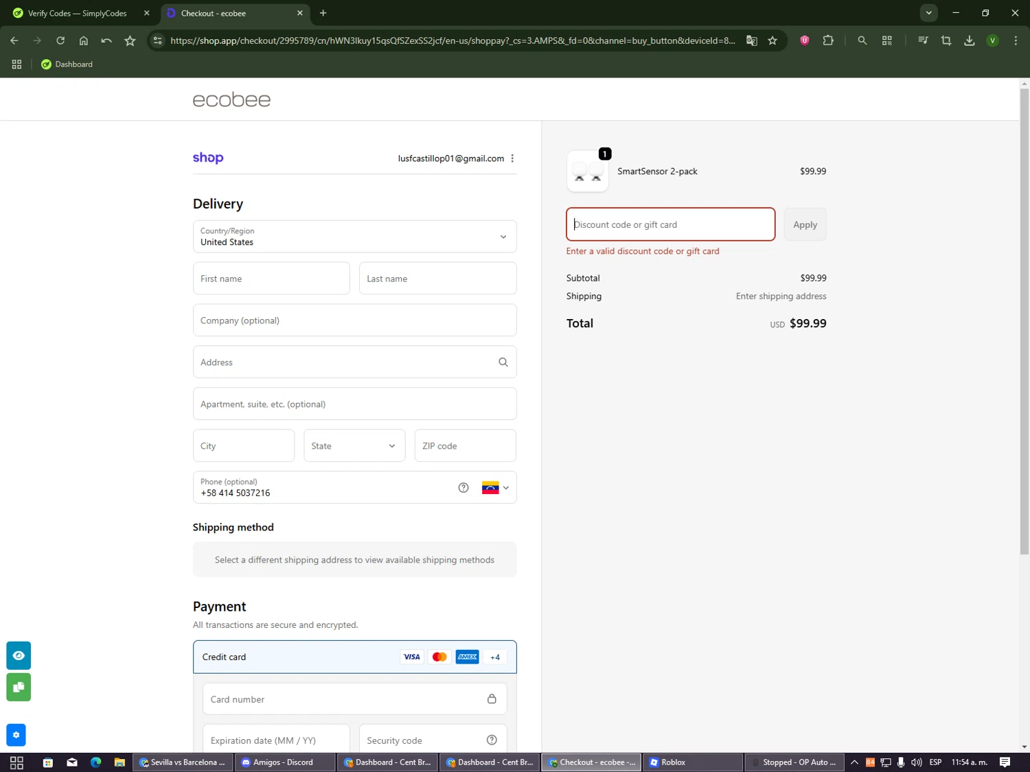 Ecobee discount code screenshot showing code SENSORSALE0225 applied at Ecobee checkout page. Uploaded by SimplyCodes community member LaCebolla on Oct 5, 2025