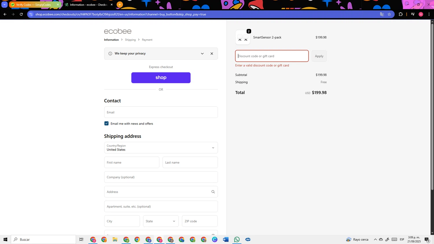 Ecobee discount code screenshot showing code SENSORSALE0225 applied at Ecobee checkout page. Uploaded by SimplyCodes community member TokenSleuth5758 on Sep 21, 2025