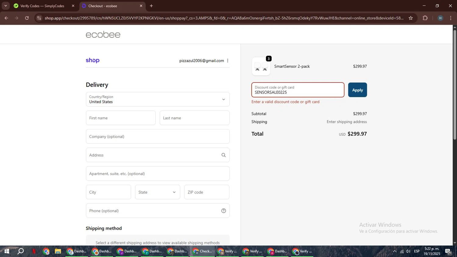 Ecobee discount code screenshot showing code SENSORSALE0225 applied at Ecobee checkout page. Uploaded by SimplyCodes community member YAMAHA on Nov 19, 2025